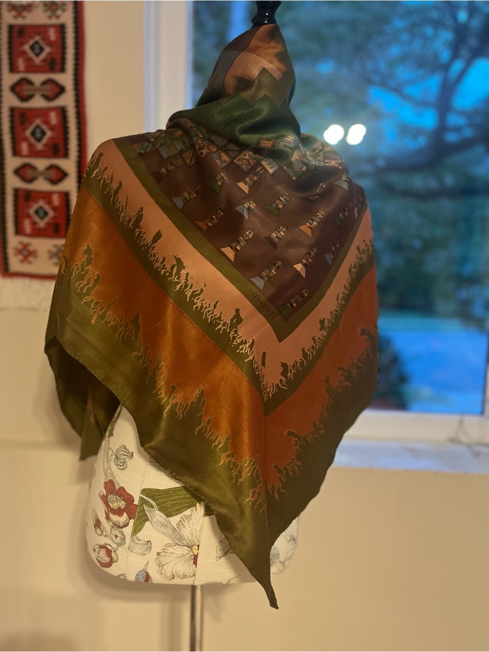 Satya Paul Olive Green & Rust Printed Silk Scarf